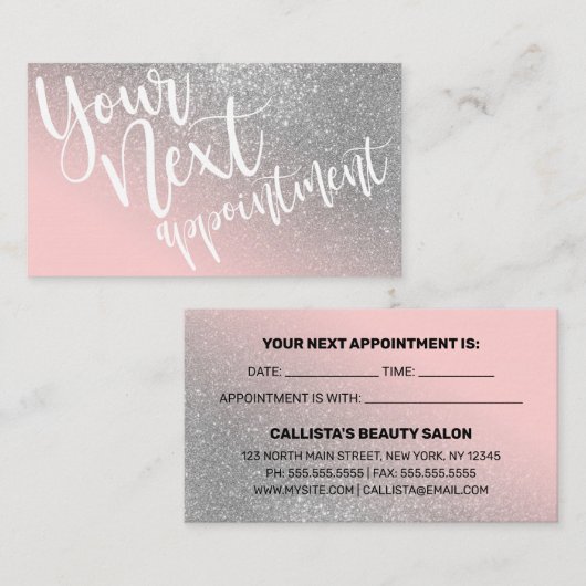 Blush Pink Silver Glitzer Gradient Typografie Terminkarte (Vorne/Hinten)