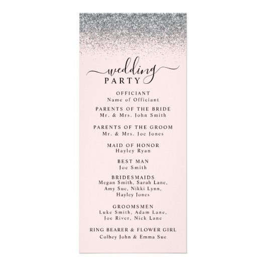 Blush Pink & Silver Glitzer Hochzeitsprogramm Werbekarte (Hinten)