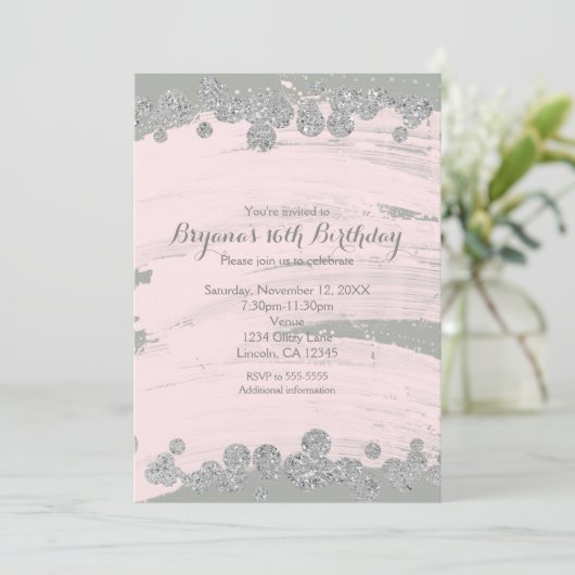 Blush Pink Silver & Grau Sparkle Dots Glam Party Einladung (Stehend Vorderseite)