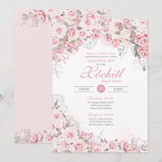 Blush Pink Silver Rose Garten Blossom Quinceanera Einladung (Vorne/Hinten)