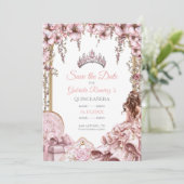 Blush Pink Silver Tiara Floral Quinceañera Save The Date (Stehend Vorderseite)