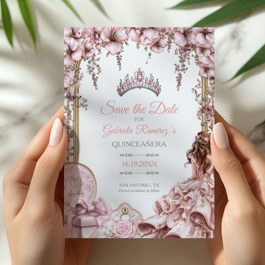 Blush Pink Silver Tiara Floral Quinceañera Save The Date