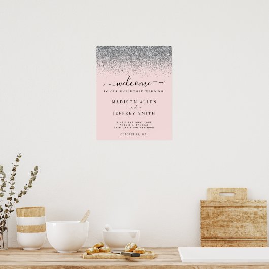 Blush Pink & Silver Unplugged Wedding Willkommen Poster (Küche)