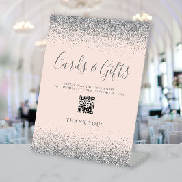 Blush Pink Silver Wedding Cards Gaben QR Code Sockelschild
