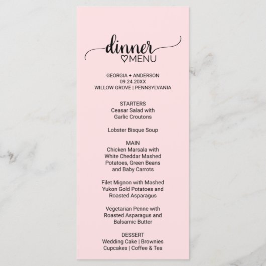 Blush Pink Simple Calligraphy Wedding Menu Menükarte (Vorderseite)