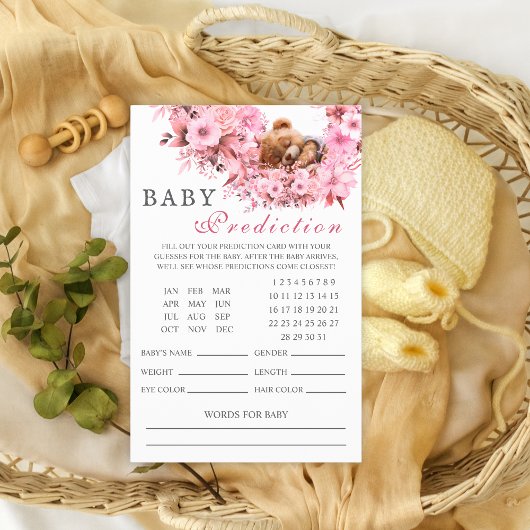 Blush Pink Sleeping Bear Baby Predictions Card Flyer
