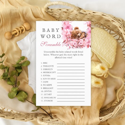 Blush Pink Sleeping Bear Baby Word Scramble Spiel Flyer