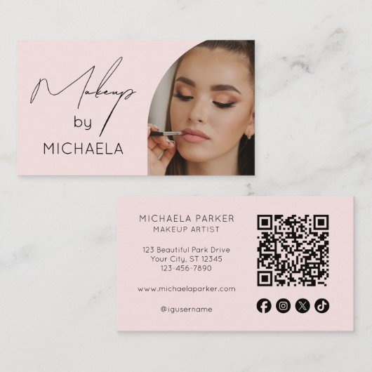 Blush Pink Social Icon QR Code Photo Makeup Visitenkarte (Vorne/Hinten)