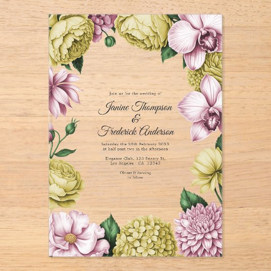 Blush Pink & Soft Gold Modern Botanical Wedding Acryleinladungen (Vorderseite)
