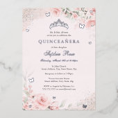 Blush Pink Soft Rose Schmetterling Silber Quincean Folieneinladung (Vorderseite)