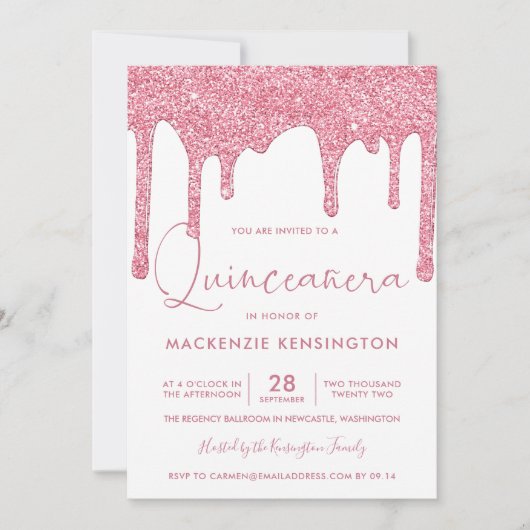 Blush Pink Sparkle Glitzer Tropfen Quinceañera Einladung (Vorderseite)