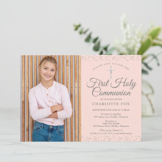 Blush Pink Stardust Erster Kommunionier Foto Einladung (Stehend Vorderseite)