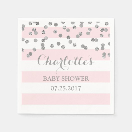 Blush Pink Streifen Silver Confetti Babydusche Serviette (Vorderseite)