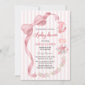 Blush Pink Striped Coquette Bow Girl Baby Shower Einladung (Vorderseite)