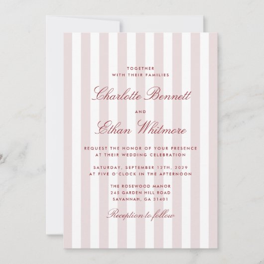 Blush Pink Stripes mit Red Script Moderne Hochzeit Einladung (Vorderseite)