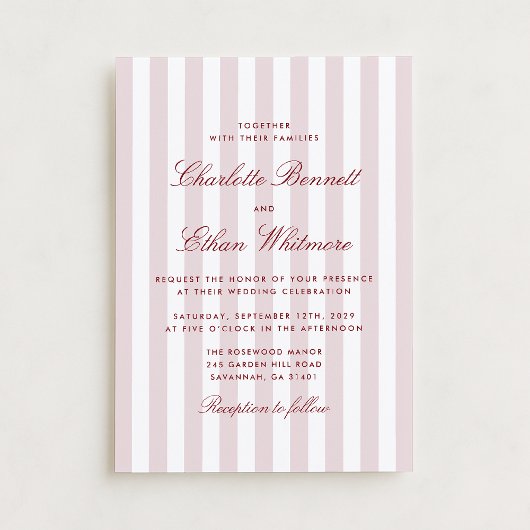 Blush Pink Stripes mit Red Script Moderne Hochzeit Einladung