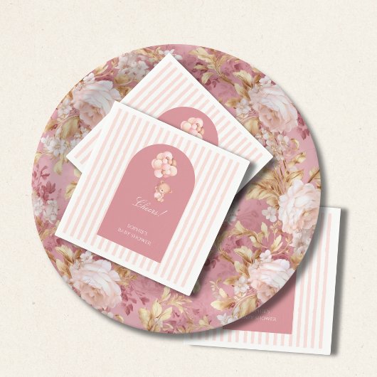Blush pink stripes, teddy bear balloon serviette