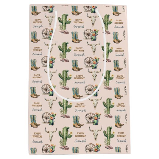 Blush Pink Südwestwüste Kaktus Glücklich Geburtsta Mittlere Geschenktüte (Vorderseite)