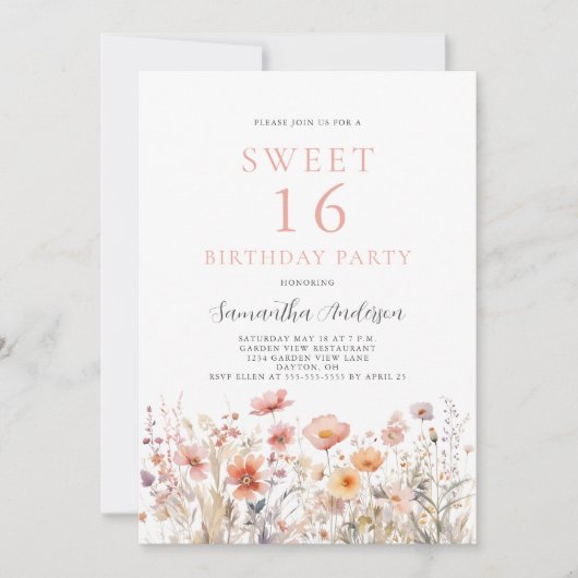 Blush Pink Sweet 16 Floral Geburtstag Einladung (Vorderseite)