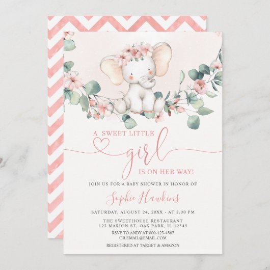Blush Pink Sweet Little Girl Elephant Baby Dusche Einladung (Vorne/Hinten)
