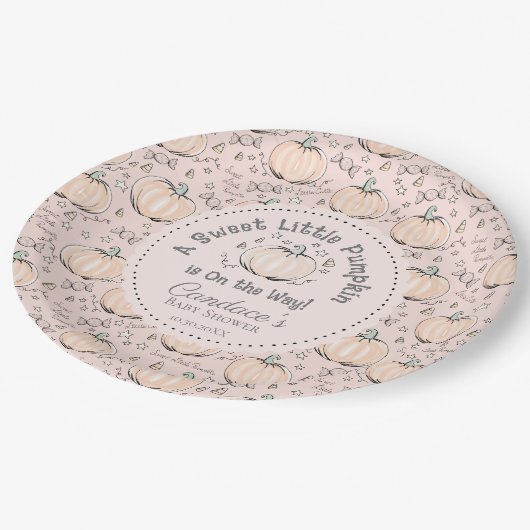 Blush Pink Sweet Little Pumpkin Fall Baby Dusche Pappteller (Schrägansicht)