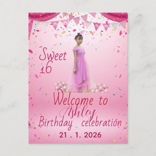 Blush Pink Sweet Sixteen Welcome Sign, Photo Einladungspostkarte (Vorderseite)