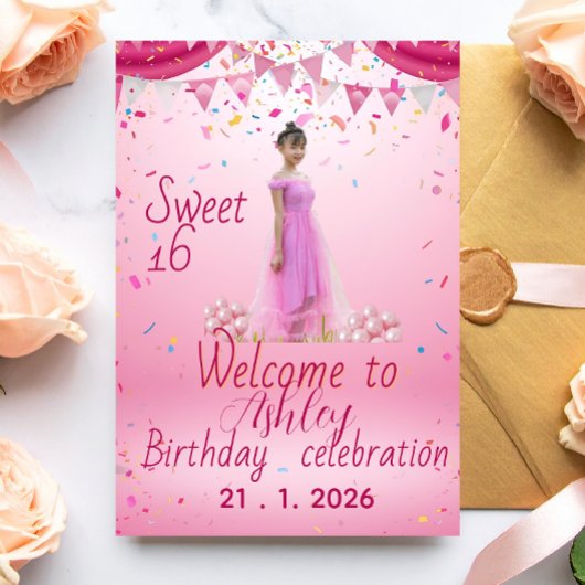 Blush Pink Sweet Sixteen Welcome Sign, Photo Einladungspostkarte