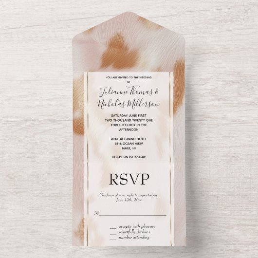 Blush Pink Tan Südwest Imitats Cowhide Hochzeit All In One Einladung (Innen Boden)