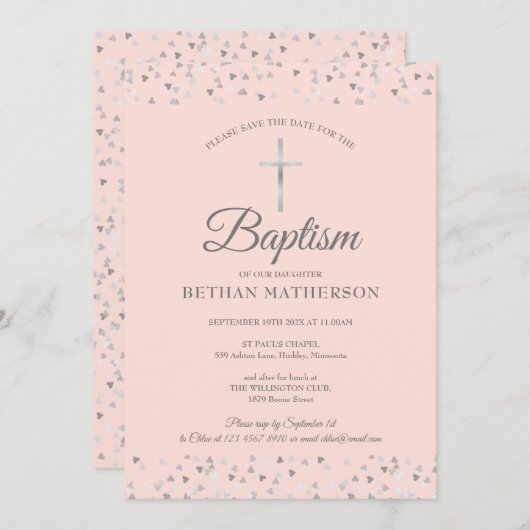Blush Pink Taufe Christening Silberherzen Save The Date (Vorne/Hinten)