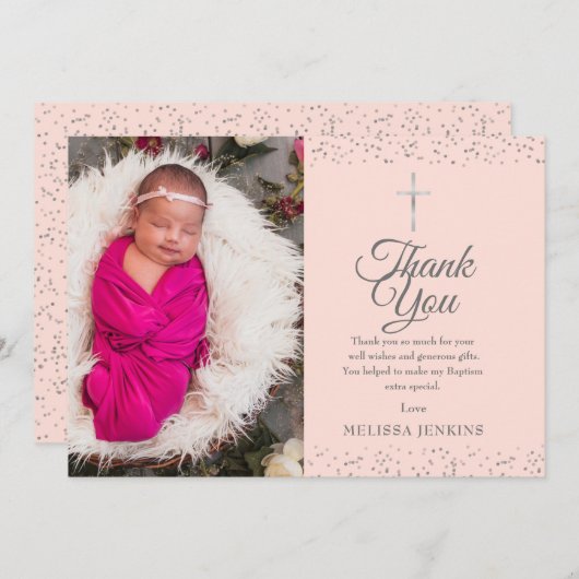 Blush Pink Taufe Foto Silver Vielen Dank Dankeskarte (Vorne/Hinten)
