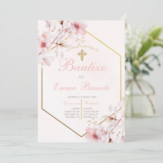 Blush Pink Taufe Girl Einladung (Stehend Vorderseite)