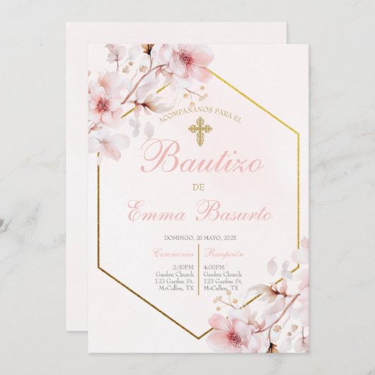 Blush Pink Taufe Girl Einladung (Vorne/Hinten)