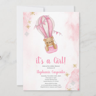 Blush pink teddy bear Baby Shower Girl Invitation Einladung