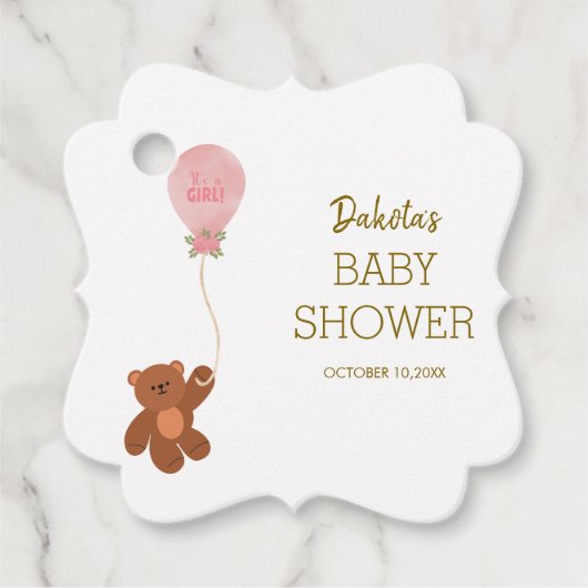 Blush Pink Teddy Bear Balloon Babydusche Geschenkanhänger (Vorderseite)