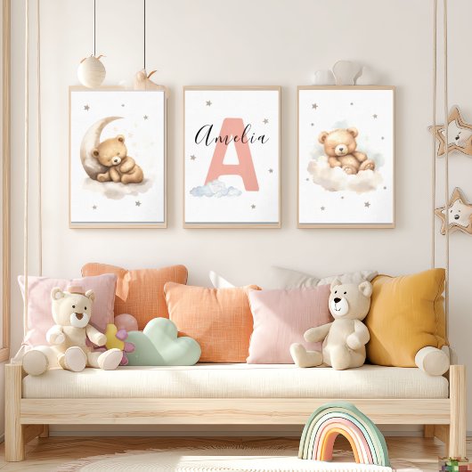 Blush Pink Teddy Bear Nursery Wall Art Custom Name Bilderwand Sets