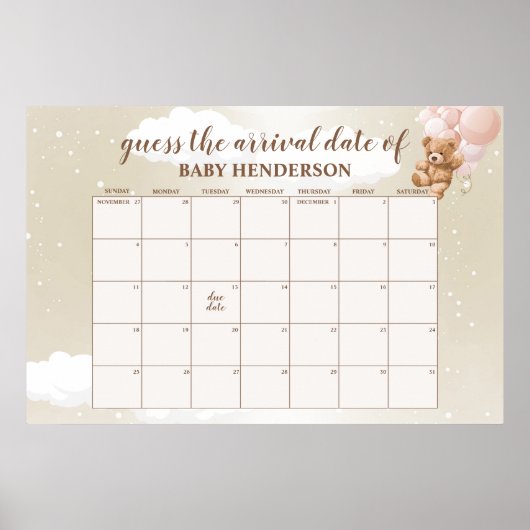 Blush Pink Teddy Bear rät den Fälligkeitskalender Poster (Vorne)