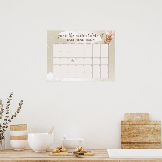 Blush Pink Teddy Bear rät den Fälligkeitskalender Poster (Küche)