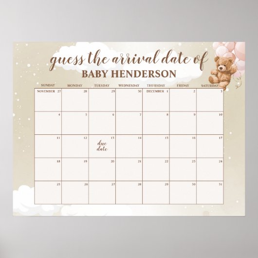 Blush Pink Teddy Bear rät den Fälligkeitskalender Poster (Vorne)