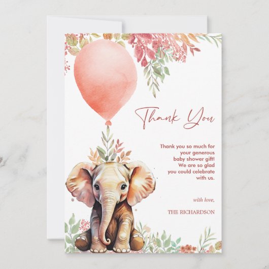 Blush Pink Terracotta Ballon Elephant Baby Dusche Dankeskarte (Vorderseite)