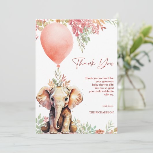 Blush Pink Terracotta Ballon Elephant Baby Dusche Dankeskarte (Stehend Vorderseite)
