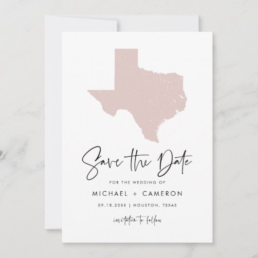 Blush Pink Texas Map Modernes Minimalistisches Skr Save The Date (Vorderseite)
