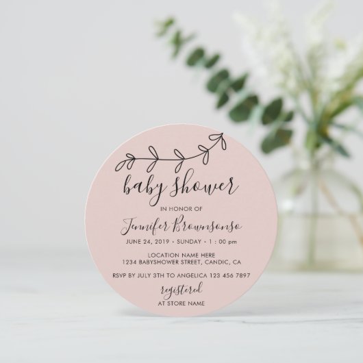 Blush Pink Tiny Boho Blume Minimal Babydusche Einladung (Stehend Vorderseite)