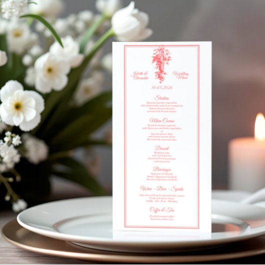 Blush Pink Toile de Jouy Wedding Menu Card Menükarte