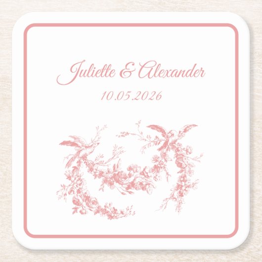 Blush Pink Toile de Jouy Wedding Paper Coasters Rechteckiger Pappuntersetzer (Vorderseite)