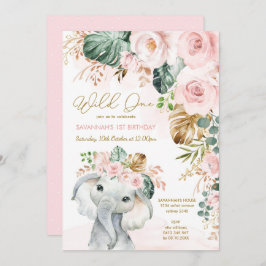 Blush Pink Tropical Floral Elefant 1. Geburtstag Einladung