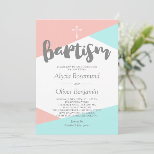 Blush Pink Türkis Geometrische Twins Taufe Einladung (Stehend Vorderseite)