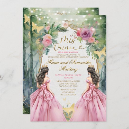 Blush Pink Twin Royal Princess Forest Quinceañera Einladung (Vorne/Hinten)