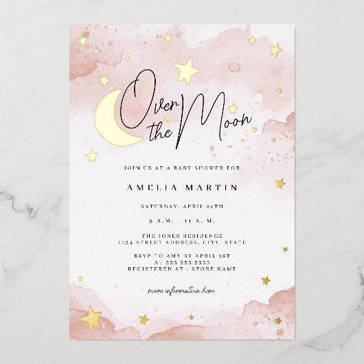 Blush Pink über dem Mond Gold Foil Babydusche Folieneinladung (Vorderseite)