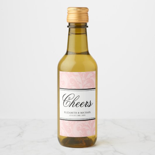 Blush Pink und Black Damask Swirl Wedding Mini Weinetikett (Vorderseite)