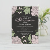 Blush Pink und Black Peonies Baby Dusche Einladung (Stehend Vorderseite)